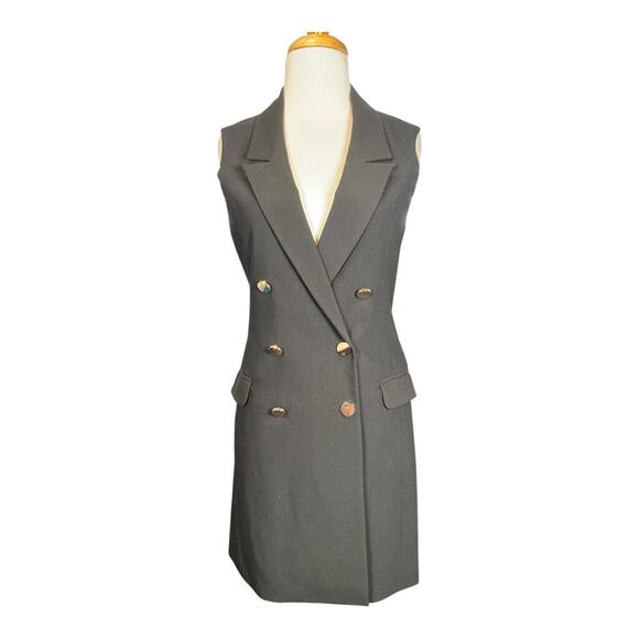 Topshop SZ 4 Black Sleeveless Blazer Dress Gold Button Double Lined Faux Pockets - Picture 4 of 10